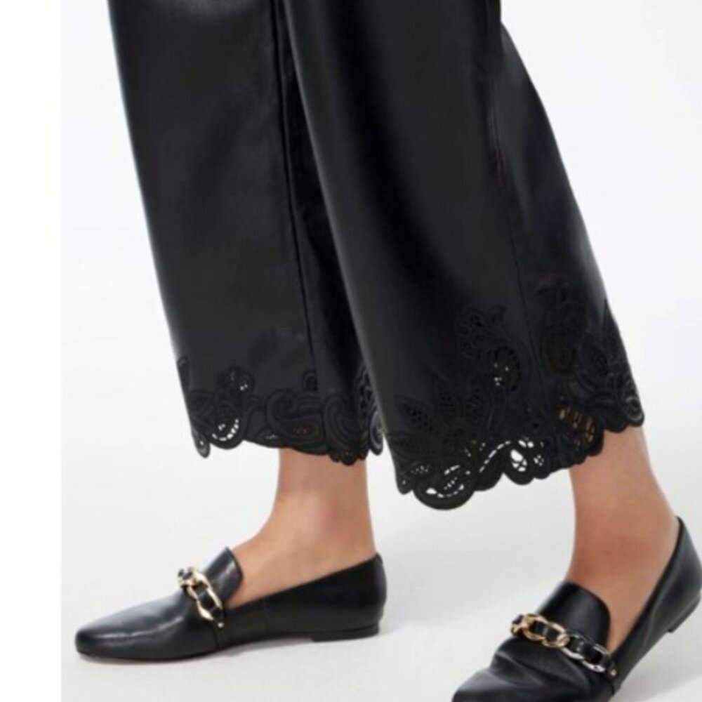 CHICO'S Faux Leather Cutwork Lace Black Wide Leg Ankle Pants Sz 2 12 14